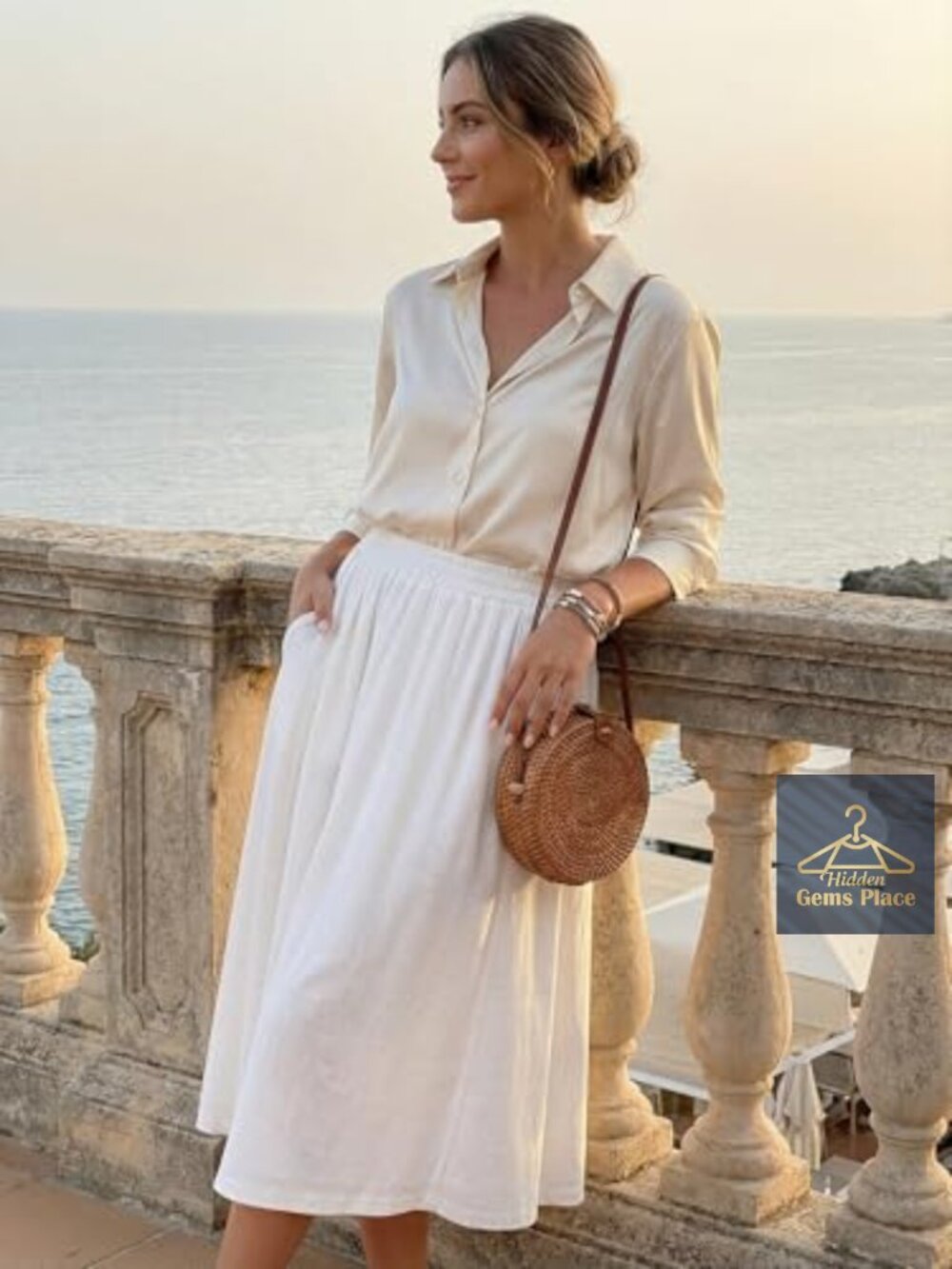 Flowy Linen Midi Skirt with Pockets High Waist A-Line Summer - Picture 2 of 7
